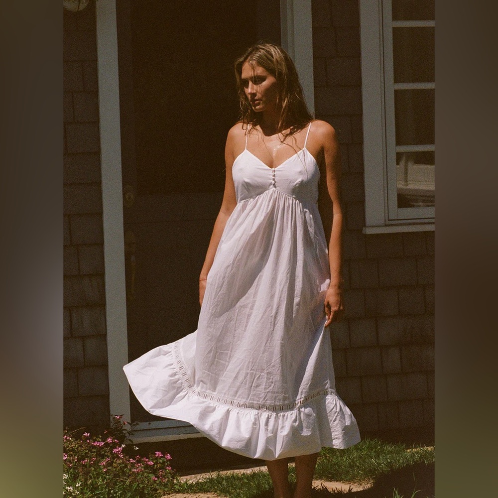 Frankies Bikinis Djerf Ave Airy Poplin Pleated Midi Sundress in White Size L NWT